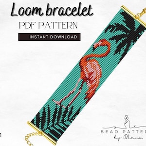 May include: A loom bracelet PDF pattern with a turquoise background featuring a flamingo and palm trees. The bracelet design is made of small beads. The text "Loom bracelet PDF PATTERN INSTANT DOWNLOAD" is at the top.