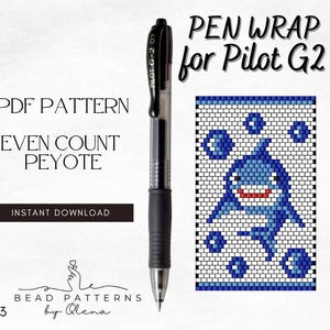 Könnte beinhalten: Ein schwarzer Pilot G-2 07 Stift neben einem blau-weißen Perlenmuster eines Hais. Das Bild enthält den Text "PEN WRAP for Pilot G2", "PDF PATTERN", "EVEN COUNT PEYOTE" und "INSTANT DOWNLOAD".