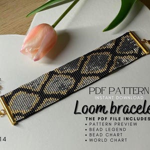 May include: A black and white loom bracelet with a gold geometric pattern. The bracelet is made with beads and has a gold clasp. The image includes the text "PDF PATTERN INSTANT DOWNLOAD Loom bracelet THE PDF FILE INCLUDES: • PATTERN PREVIEW • BEAD LEGEND • BEAD CHART • WORLD CHART 014".