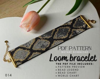 Pulseira de tear de pele de cobra em PDF, design de punho com contas em ouro preto, contas com textura de réptil, contas de semente Miyuki Delica