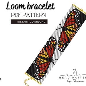 May include: A loom bracelet pattern featuring a butterfly design. The bracelet is black with a butterfly pattern in red, orange, yellow, and white. The text "Loom bracelet PDF PATTERN INSTANT DOWNLOAD" is at the top.