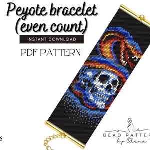 Peut inclure: Un motif de bracelet peyote noir avec un design de crâne et de serpent en perles bleues, orange et blanches. Le texte "Peyote bracelet (even count)" et "PDF PATTERN" sont visibles. Le bracelet a des fermoirs dorés.