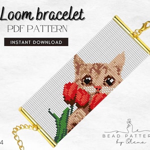 Może przedstawiać: Wzór PDF bransoletki tkackiej z pikselowym wzorem kota trzymającego czerwone tulipany. Bransoletka ma złote metalowe akcenty i łańcuszek. Tekst zawiera "Loom bracelet PDF PATTERN" i "INSTANT DOWNLOAD".