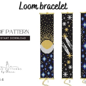 Könnte beinhalten: Ein digitales PDF-Muster für Webarmbänder. Das Bild zeigt drei Perlenarmband-Designs mit Himmelsmotiven. Die Armbänder haben schwarze Hintergründe mit goldenen, weißen und blauen Stern- und Mondmustern. Der Text lautet "Loom bracelet", "PDF Pattern" und "Instant Download".