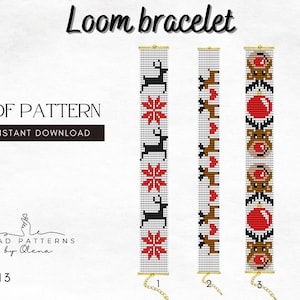 Könnte beinhalten: Drei Loom-Armbandmuster mit weihnachtlichen Designs. Die Muster zeigen Rentiere, Schneeflocken und Ornamente in Rot, Schwarz und Braun auf weißem Hintergrund. Der Text enthält "Loom bracelet", "PDF PATTERN" und "INSTANT DOWNLOAD".