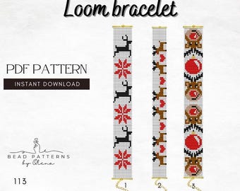 May include: Three loom bracelet patterns with Christmas-themed designs. The patterns feature reindeer, snowflakes, and ornaments in red, black, and brown on a white background. The text "Loom bracelet", "PDF PATTERN", and "INSTANT DOWNLOAD" are also visible.