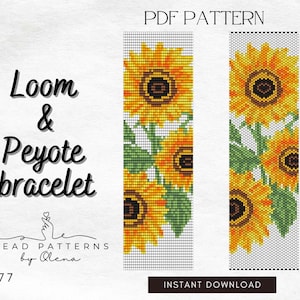 May include: A digital PDF pattern for a loom and peyote bracelet featuring a sunflower design. The pattern includes the text "Loom & Peyote bracelet" and "PDF Pattern". The design showcases yellow and orange sunflowers with green leaves on a white background.