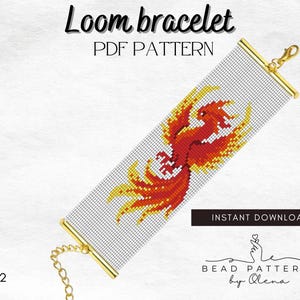 Op de afbeelding: Een loom armband PDF-patroon met een phoenix-ontwerp in rood, oranje en geel. De armband heeft een witte achtergrond met een rasterpatroon. De tekst "Loom bracelet PDF PATTERN" staat bovenaan. De tekst "INSTANT DOWNLOAD" staat in een zwarte rechthoek.