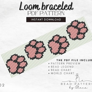 May include: A digital download pattern for a loom bracelet featuring a paw print design. The pattern includes a preview, bead legend, bead chart, and world chart. The pattern is available for instant download.