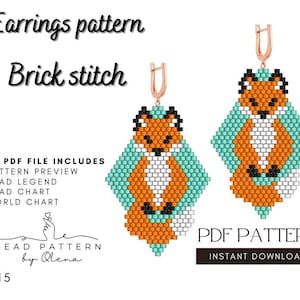 Könnte beinhalten: Ein digitales PDF-Muster für Ohrringe mit einem Fuchsmotiv. Die Ohrringe werden mit der Brick-Stitch-Technik hergestellt und bestehen aus orangefarbenen, türkisfarbenen, schwarzen und weißen Perlen. Der Text lautet "Earrings pattern Brick stitch" und "PDF Pattern Instant Download".
