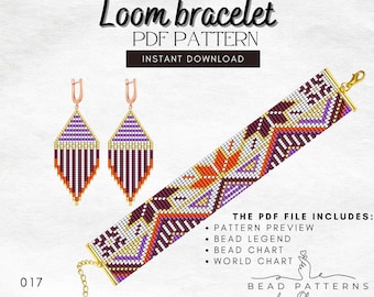Geometric Loom Bracelet and Peyote Earrings Pattern PDF, Peyote and Loom Beading Design, Colorful Bead Jewelry DIY Set, Miyuki Delika 11