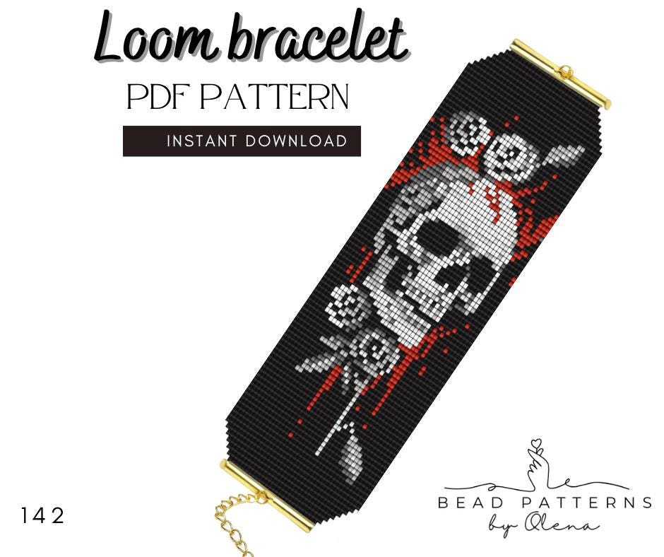 Skull Loom Bracelet Pattern PDF, Gothic Beaded Bracelet Design, Black ...