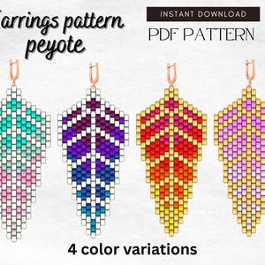 May include: Four beaded earring patterns in different color combinations: teal, purple, red-orange, and pink-yellow. The earrings are leaf-shaped with a peyote stitch design. Text reads "Earrings pattern peyote" and "Instant Download PDF Pattern".