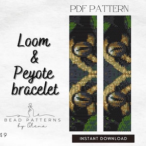 May include: A PDF pattern for a loom and peyote bracelet. The design features a geometric pattern in gold, black, and green. The text "Loom & Peyote bracelet" is displayed in a handwritten font. The words "PDF PATTERN" and "INSTANT DOWNLOAD" are also visible.