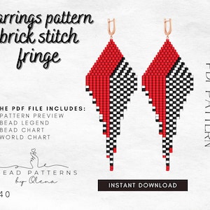 May include: A digital PDF pattern for brick stitch fringe earrings. The earrings are diamond-shaped with red, black, and white beadwork. The design includes a pattern preview, bead legend, bead chart, and world chart. The text says "Earrings pattern brick stitch fringe".