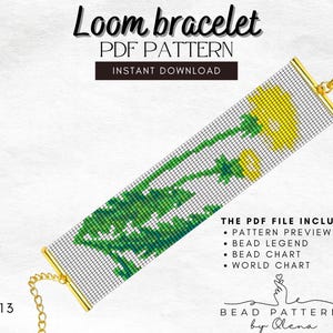 May include: A loom bracelet pattern featuring a yellow flower design with green leaves. The pattern includes a bead legend, bead chart, and world chart. The pattern is available as an instant download.