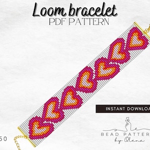 May include: A loom bracelet PDF pattern with a repeating heart design in pink, orange, and yellow. The bracelet has a black background and gold-coloured clasps. Text on the image reads "Loom bracelet PDF PATTERN" and "INSTANT DOWNLOAD".