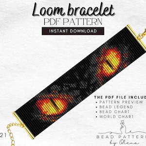 Może przedstawiać: Wzór bransoletki tkanej z motywem czarnego i pomarańczowego oka. Plik PDF zawiera podgląd wzoru, legendę koralików, schemat koralików i mapę świata. Bead Patterns by Olena.
