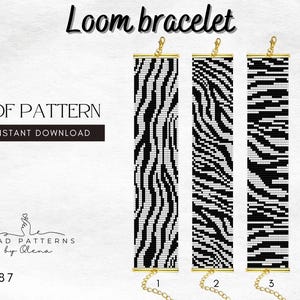 May include: Three loom bracelet patterns with black and white zebra stripe designs. The image includes the text "Loom bracelet", "PDF PATTERN", and "INSTANT DOWNLOAD". The patterns are numbered 1, 2, and 3.