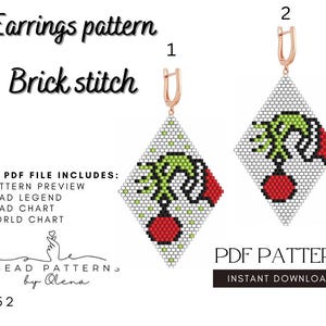 May include: A digital PDF pattern for brick stitch earrings. The earrings feature a green and red design with a Christmas theme. The pattern includes a preview, bead legend, bead chart, and world chart. The text "Earrings pattern" and "Brick stitch" are visible.