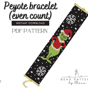 May include: Black peyote bracelet featuring a Grinch design in a Santa hat and red coat, with white snowflakes. The text "Peyote bracelet (even count) INSTANT DOWNLOAD PDF PATTERN" is at the top.