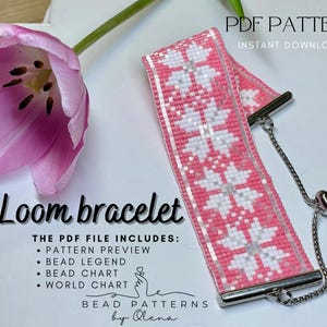 Könnte beinhalten: Rosa-weißes Webarmband-Muster mit Schneeflocken-Design. Die PDF-Datei enthält eine Mustervorschau, eine Perlenlegende, eine Perlentabelle und eine Weltkarte. Bead Patterns by Olena. PDF-Muster Sofort-Download 015.