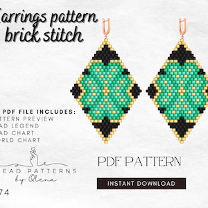 May include: A digital PDF pattern for brick stitch earrings. The earrings are diamond-shaped with a teal, black, and gold beaded design. The text includes "Earrings pattern brick stitch" and "PDF PATTERN INSTANT DOWNLOAD".