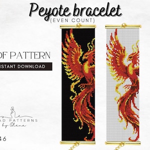 Peut inclure: Modèle PDF numérique pour un bracelet Peyote avec un motif de phénix. Le motif de bracelet est disponible en deux couleurs : un avec un fond noir et l'autre avec un fond blanc. Le texte "Peyote bracelet" et "PDF PATTERN" sont visibles.
