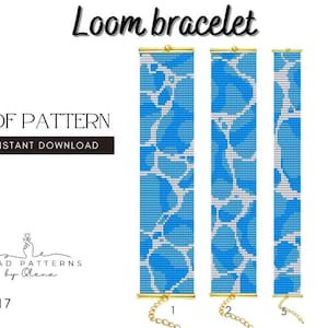 May include: A loom bracelet PDF pattern featuring a blue and white water-like design. The image displays three loom bracelets with gold-coloured hardware and chain. The text "Loom bracelet" is at the top, and "PDF Pattern Instant Download" is also visible.