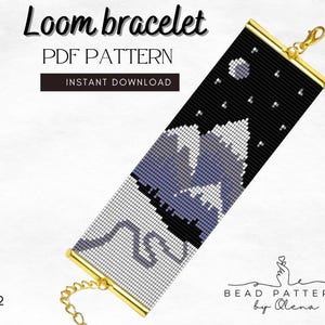 May include: A loom bracelet PDF pattern with a mountain and night sky design. The bracelet features a black background with a mountain range in shades of gray and blue. The text "Loom bracelet" and "PDF PATTERN" are at the top.