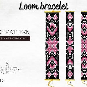 May include: Three loom bracelet patterns with black, pink, and white geometric designs. The text "Loom bracelet" is at the top, and "PDF PATTERN INSTANT DOWNLOAD" is below. The image also includes the text "BEAD PATTERNS by Olena" and the number "120".