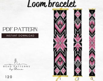 Modern Black & Pink Geometric Loom Bracelet Pattern PDF - Miyuki Delica 11/0 - 3 Variations - Art Deco Style