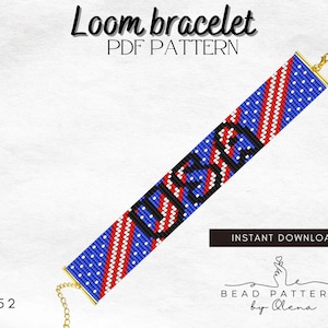 May include: A loom bracelet pattern with a patriotic design. The bracelet features a blue background with white dots, red stripes, and the word "USA" in black. The bracelet is attached to a gold-colored clasp.