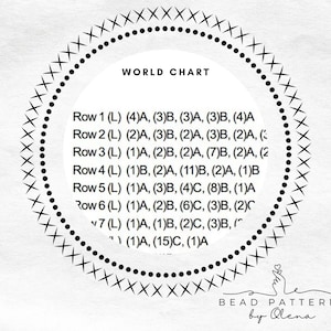 K&ouml;nnte beinhalten: Ein schwarz-wei&szlig;es Diagramm mit dem Titel "WORLD CHART" und einer Liste von Perlenanweisungen. Die Anweisungen sind in Zeilen geschrieben und beinhalten Zahlen und Buchstaben. Das Diagramm ist von einem Rand aus schwarzen Xs umgeben.