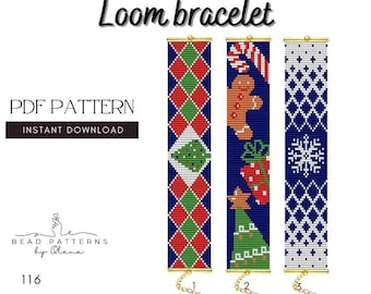 May include: Three loom bracelets with Christmas-themed patterns. One features red and green diamonds with a Christmas tree, another has a gingerbread man and presents, and the last has a snowflake design. The text "Loom bracelet" is at the top.