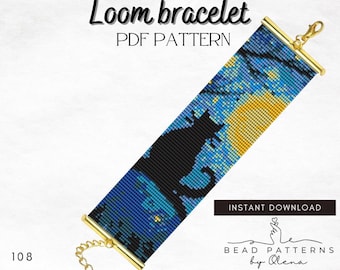 May include: A loom bracelet with a cat silhouette design against a starry night sky. The bracelet is blue, yellow, and black, with gold-colored metal accents and a clasp. The text "Loom bracelet PDF PATTERN" is at the top.