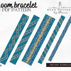 May include: Loom bracelet PDF pattern featuring six beaded designs in shades of teal, blue, yellow, and white. The patterns include geometric and dotted designs. The text "Loom bracelet PDF pattern" is at the top, with "Instant Download" at the bottom.