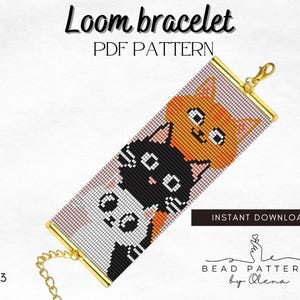 Puede incluir: Un patrón PDF de pulsera de telar con un diseño de tres gatos de dibujos animados en negro, blanco y naranja. La pulsera tiene detalles metálicos dorados y una cadena. El texto en la imagen dice "Loom bracelet PDF PATTERN" y "INSTANT DOWNLOAD".
