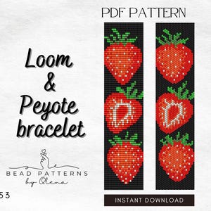 Peut inclure: Modèle PDF pour un bracelet loom et peyote avec un motif de fraise. Le motif présente trois fraises rouges avec des feuilles vertes sur fond noir. Le texte "Loom & Peyote bracelet" est affiché en noir, ainsi que "BEAD PATTERNS by Olena" et "053".