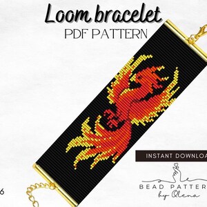 May include: Black loom bracelet with a phoenix design in shades of red, orange, and yellow. The bracelet has gold-colored metal accents and a clasp. The text "Loom bracelet PDF PATTERN" is at the top.