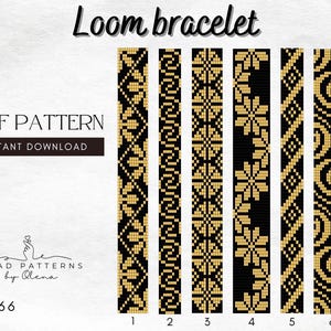 Set of 6, PDF Geometric Bead Loom Bracelet Patterns, PDF Flower Bead Loom Bracelet Patterns, Gold and Black, Miyuki Delica PDF Pattern