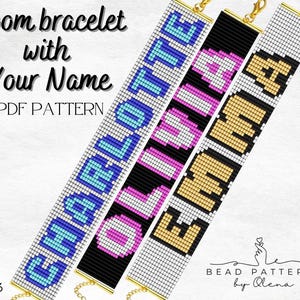 Peut inclure: Trois motifs de bracelets à tisser avec les noms Charlotte, Olivia et Emma. Les motifs sont en bleu, rose et or sur fond blanc. Modèle PDF.