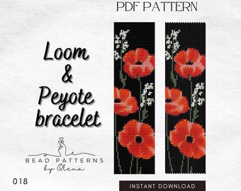 Mohnblumen Armband PDF, Webstuhl und Peyote Perlen Design, Rot Schwarz Floral Perlenarbeit, Miyuki Delica Rocailles DIY