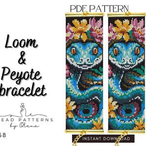 May include: A digital PDF pattern for a loom and peyote bracelet. The design features a detailed snake with blue, green, and black beads, adorned with floral accents. The text "Loom & Peyote bracelet" is displayed, along with "Instant Download".