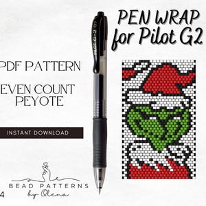 May include: A black Pilot G-2 07 pen next to a bead pattern design for a pen wrap. The pattern features a green and red design. Text includes "PEN WRAP for Pilot G2", "PDF PATTERN", and "INSTANT DOWNLOAD".