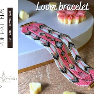 May include: A loom bracelet with a pink, white, black, and gold geometric pattern. The bracelet is made of small beads and has a gold clasp. The image also includes the text "Loom bracelet" and "PDF PATTERN INSTANT DOWNLOAD".