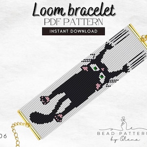 May include: Black and white loom bracelet pattern featuring a black cat with pink ears and green eyes. The pattern is called "Loom bracelet PDF pattern" and is for instant download. The pattern number is 006.
