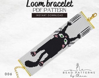 May include: Black and white loom bracelet pattern featuring a black cat with pink ears and green eyes. The pattern is called "Loom bracelet PDF pattern" and is for instant download. The pattern number is 006.