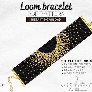 May include: A black and gold loom bracelet pattern with a geometric design. The PDF file includes a pattern preview, bead legend, bead chart, and world chart.  "Loom bracelet PDF PATTERN INSTANT DOWNLOAD" is written in the top left corner.  "008" is written in the bottom left corner.  "BEAD PATTERNS by Olena" is written in the bottom right corner.
