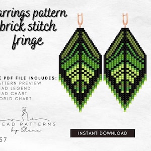May include: Digital PDF pattern for beaded earrings. The earrings are diamond-shaped with a brick stitch fringe design. The earrings feature a gradient of green and black beads. The text on the image says "Earrings pattern brick stitch fringe" and "Instant Download".